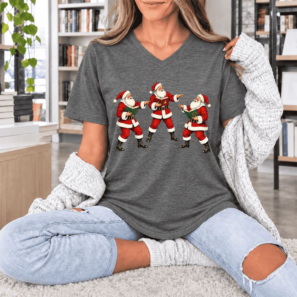 Three Reading Santas Ultra-Soft V-Neck | Christmas Reader Gift Deep Heather