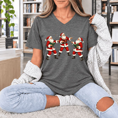 Three Reading Santas Ultra-Soft V-Neck | Christmas Reader Gift Deep Heather