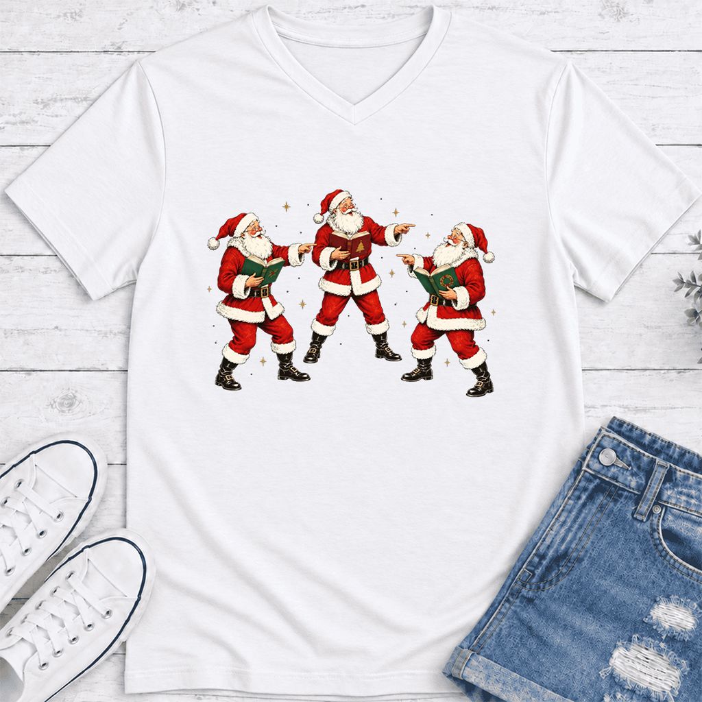 Three Reading Santas Ultra-Soft V-Neck | Christmas Reader Gift White
