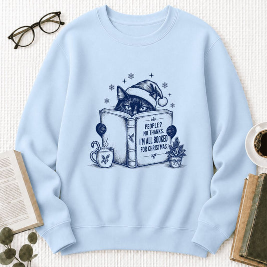 I'm All Booked For Christmas Crewneck Sweatshirt | Cat Lover Reader Gift Light Blue