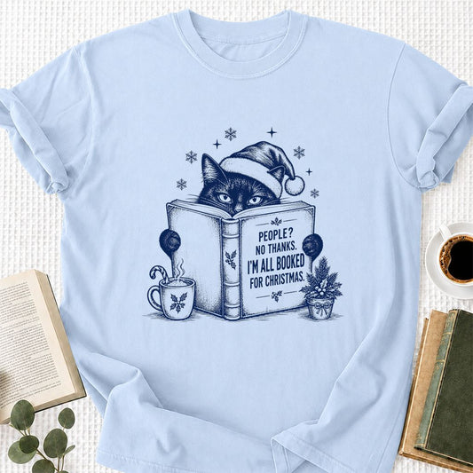 I'm All Booked For Christmas Printed T-Shirt | Cat Lover Reader Gift Light Blue