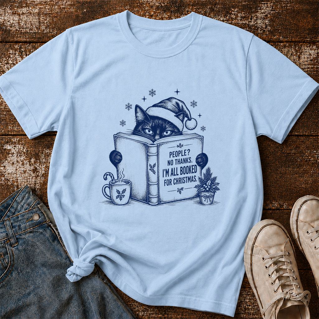 I'm All Booked For Christmas Printed T-Shirt | Cat Lover Reader Gift Light Blue