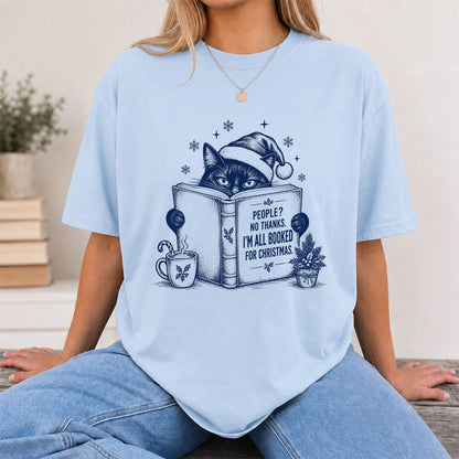 I'm All Booked For Christmas Printed T-Shirt | Cat Lover Reader Gift Light Blue