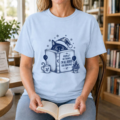 I'm All Booked For Christmas Printed T-Shirt | Cat Lover Reader Gift Light Blue