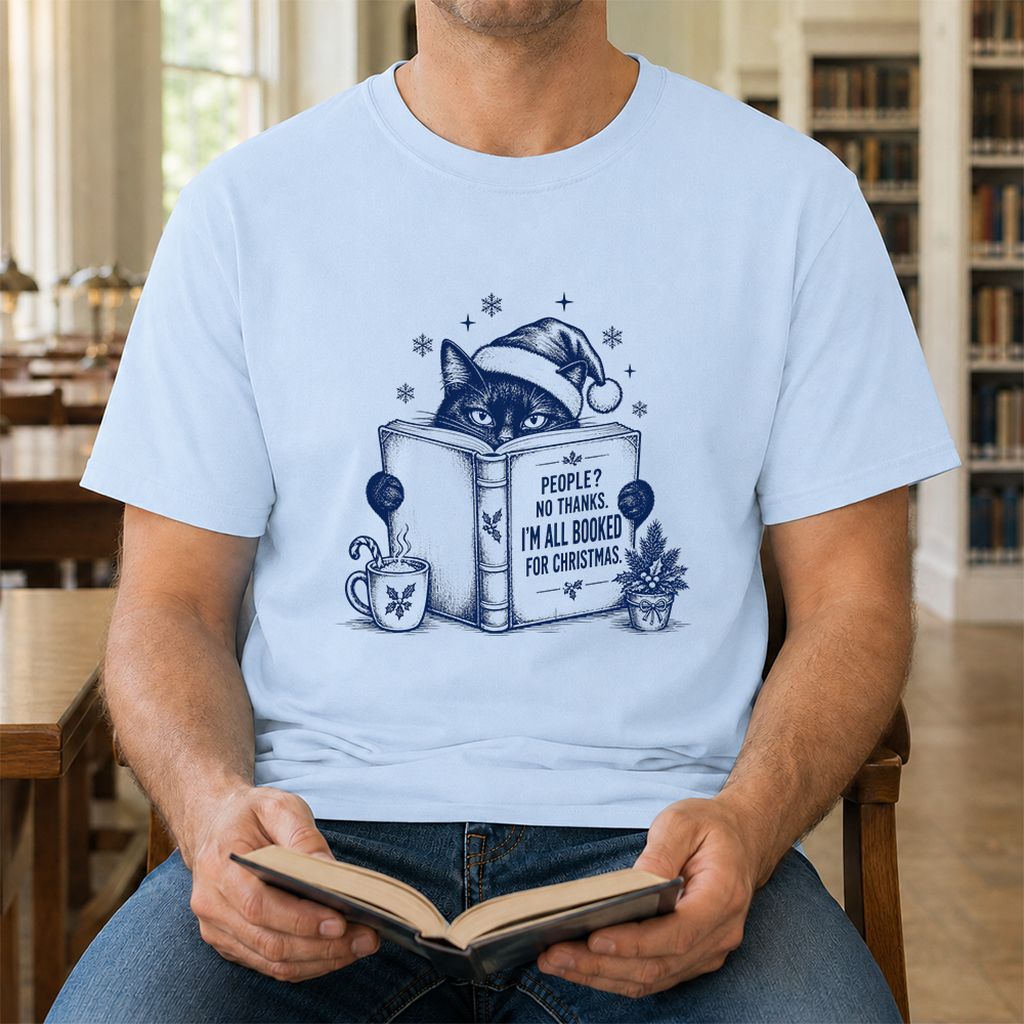 I'm All Booked For Christmas Printed T-Shirt | Cat Lover Reader Gift Light Blue