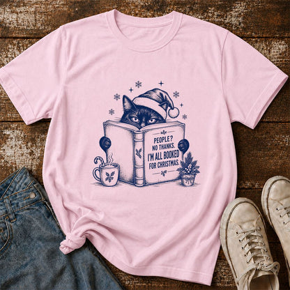 I'm All Booked For Christmas Printed T-Shirt | Cat Lover Reader Gift Light Pink