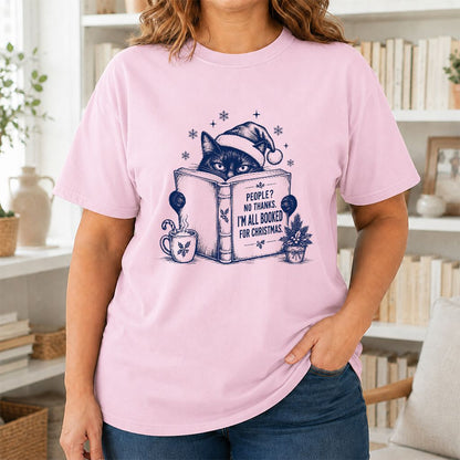 I'm All Booked For Christmas Printed T-Shirt | Cat Lover Reader Gift Light Pink