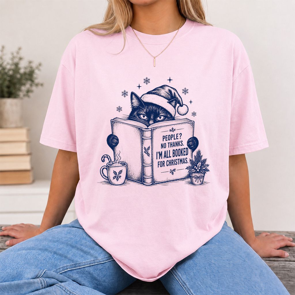 I'm All Booked For Christmas Printed T-Shirt | Cat Lover Reader Gift Light Pink