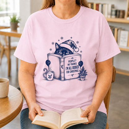 I'm All Booked For Christmas Printed T-Shirt | Cat Lover Reader Gift Light Pink