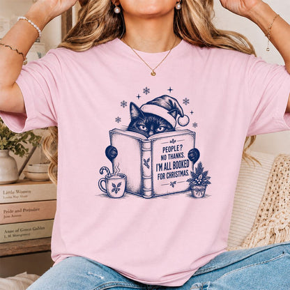 I'm All Booked For Christmas Printed T-Shirt | Cat Lover Reader Gift Light Pink