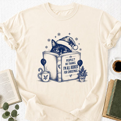 I'm All Booked For Christmas Printed T-Shirt | Cat Lover Reader Gift Natural