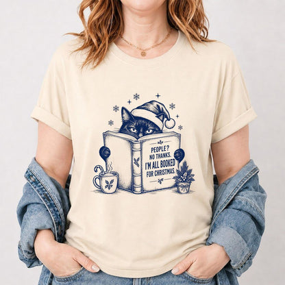 I'm All Booked For Christmas Printed T-Shirt | Cat Lover Reader Gift Natural