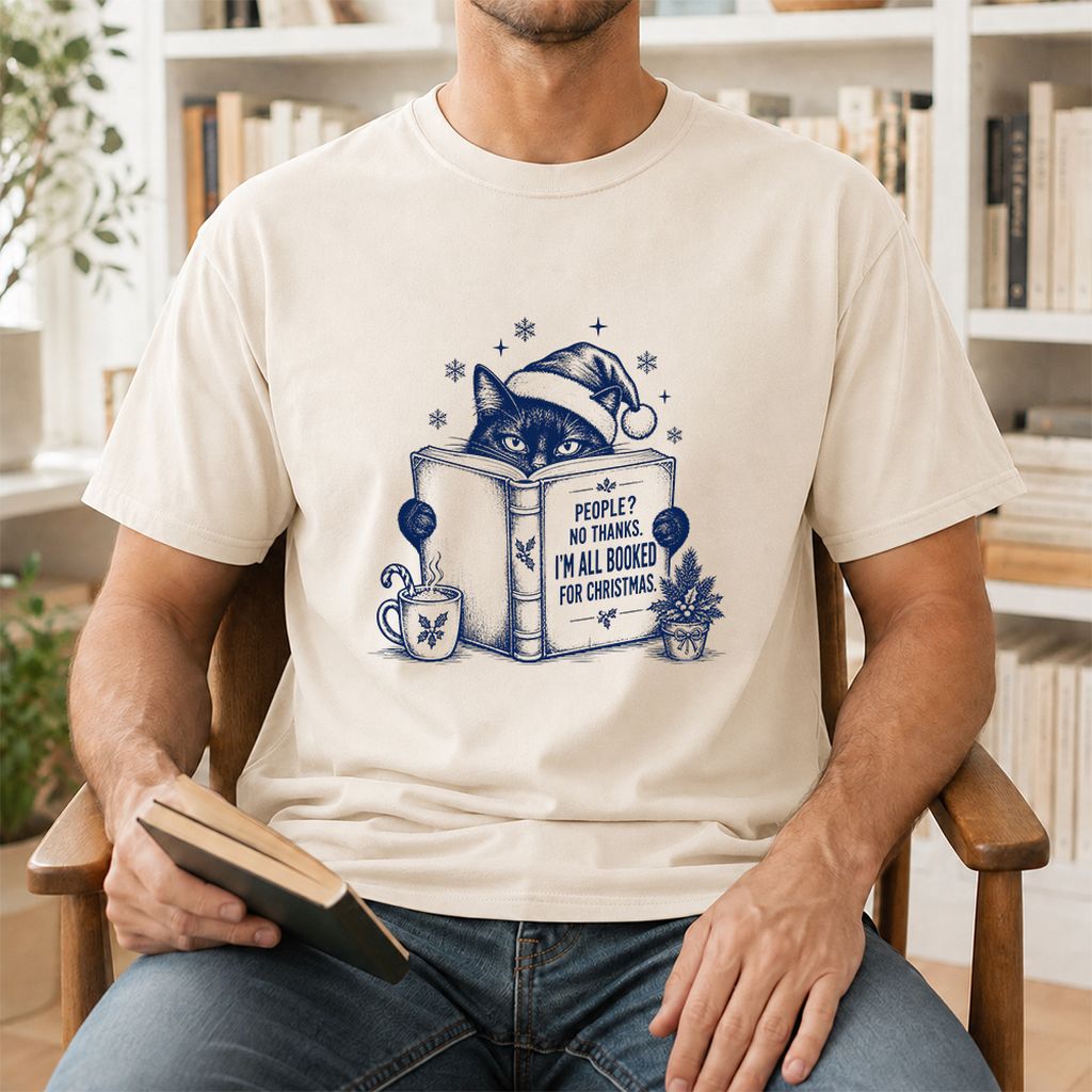 I'm All Booked For Christmas Printed T-Shirt | Cat Lover Reader Gift Natural