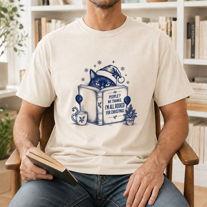 I'm All Booked For Christmas Printed T-Shirt | Cat Lover Reader Gift Natural