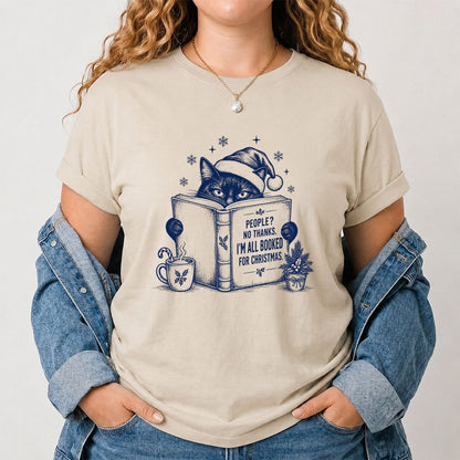 I'm All Booked For Christmas Printed T-Shirt | Cat Lover Reader Gift Sand