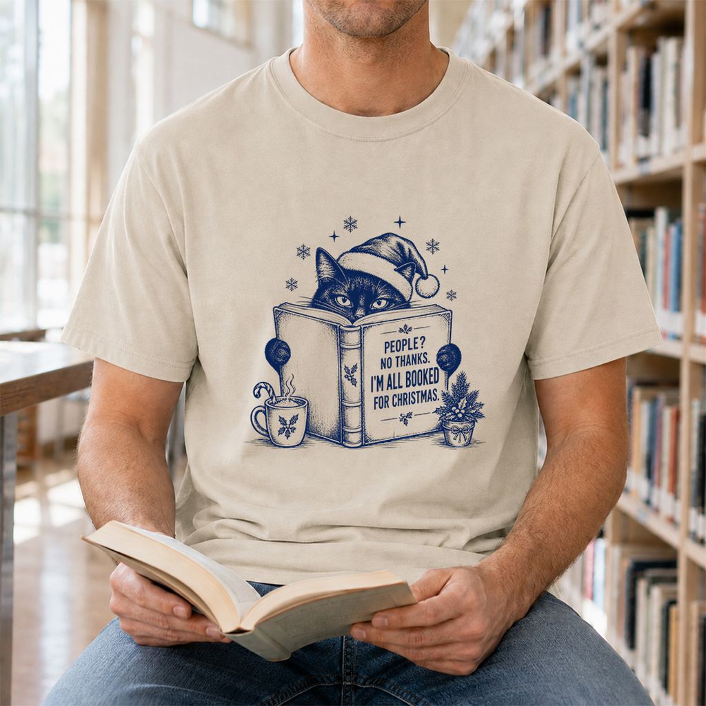 I'm All Booked For Christmas Printed T-Shirt | Cat Lover Reader Gift Sand