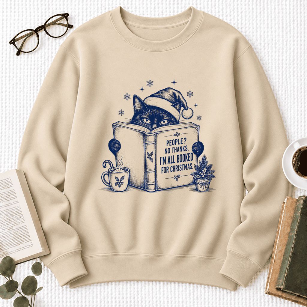 I'm All Booked For Christmas Softstyle Sweatshirt | Cat Lover Reader Gift Sand