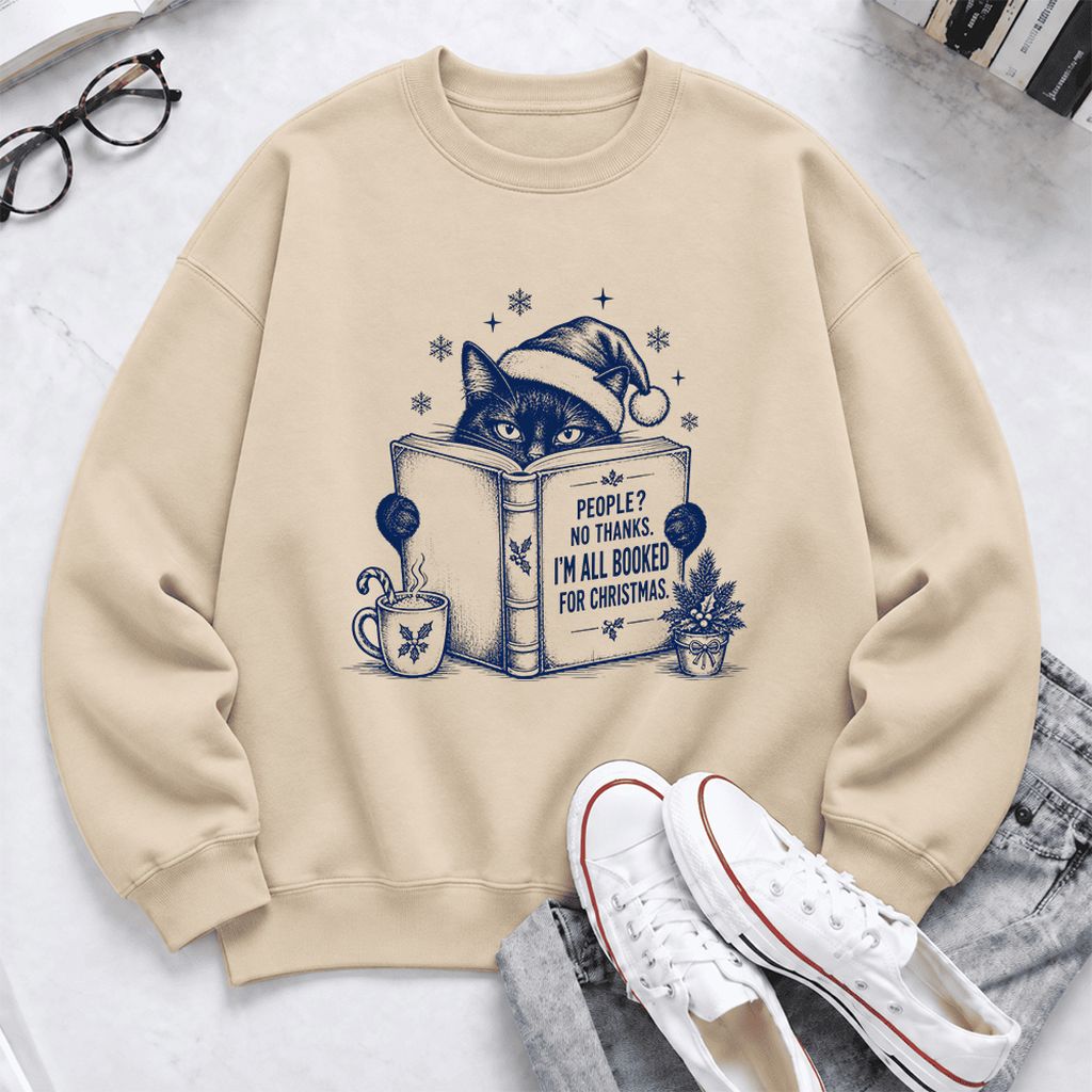 I'm All Booked For Christmas Softstyle Sweatshirt | Cat Lover Reader Gift Sand