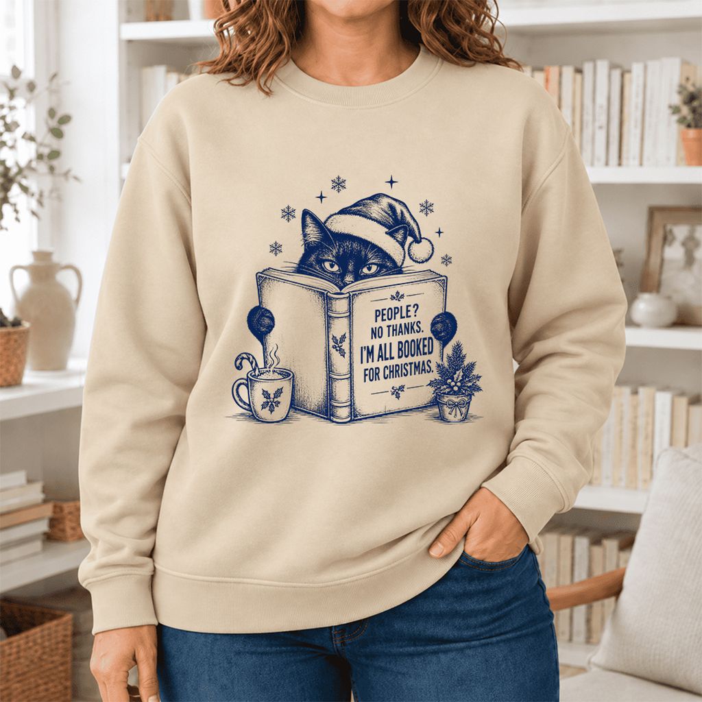 I'm All Booked For Christmas Softstyle Sweatshirt | Cat Lover Reader Gift Sand