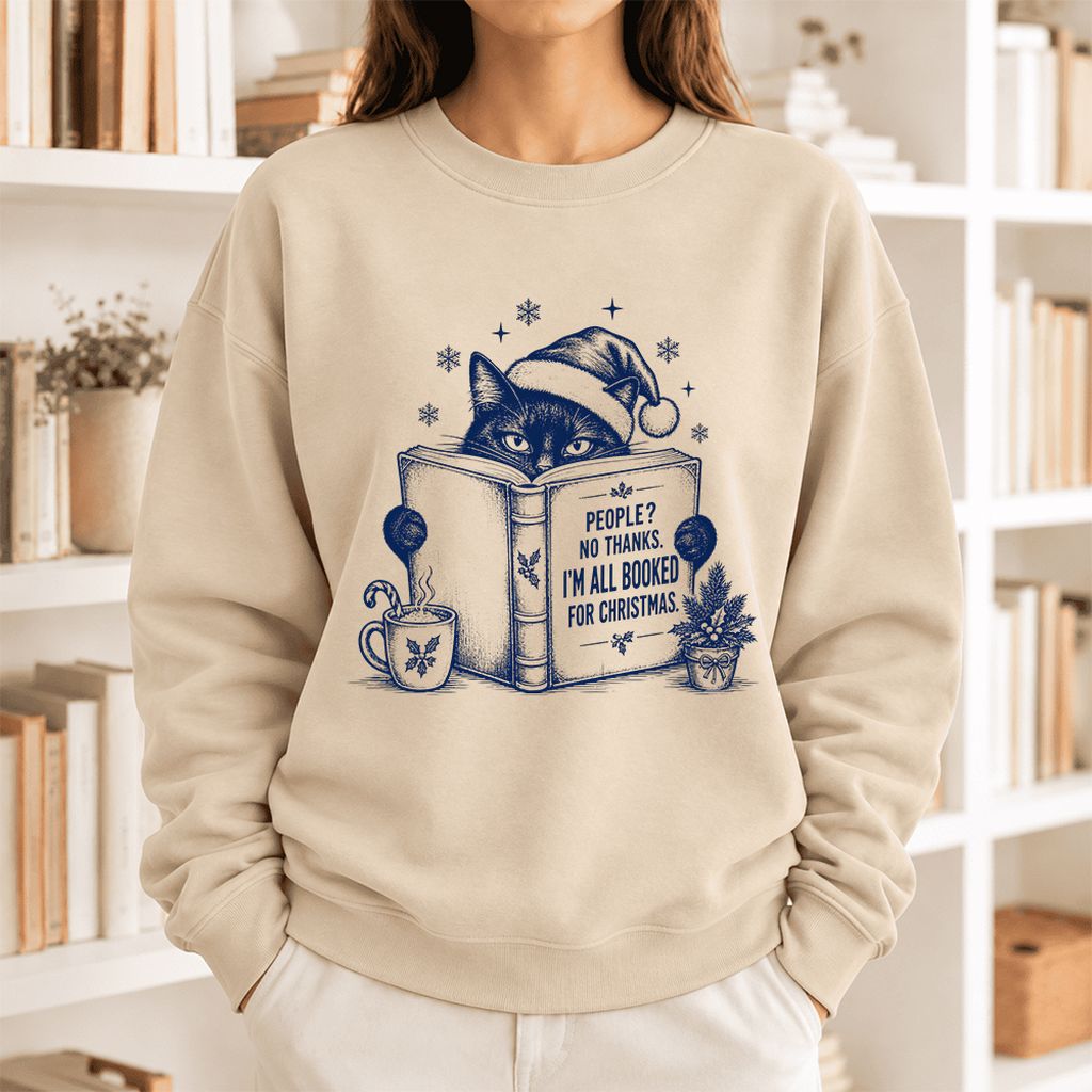 I'm All Booked For Christmas Softstyle Sweatshirt | Cat Lover Reader Gift Sand