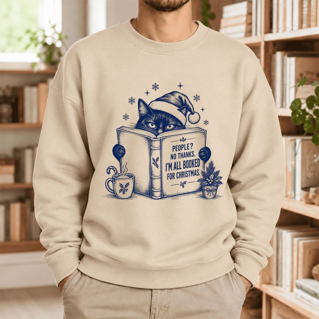I'm All Booked For Christmas Softstyle Sweatshirt | Cat Lover Reader Gift Sand