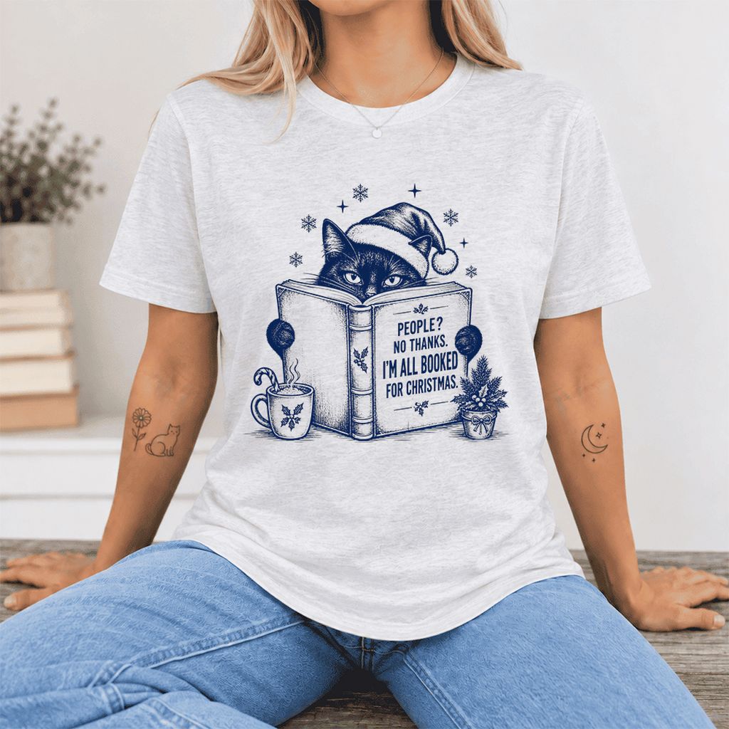 I'm All Booked For Christmas Ultra-Soft Cotton T-Shirt | Cat Lover Reader Gift Ash