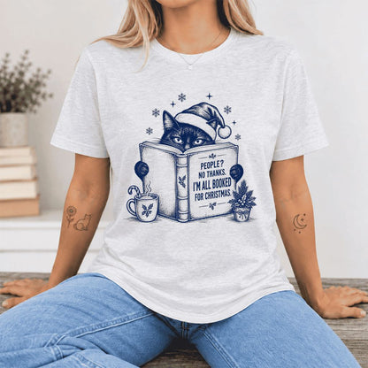 I'm All Booked For Christmas Ultra-Soft Cotton T-Shirt | Cat Lover Reader Gift Ash