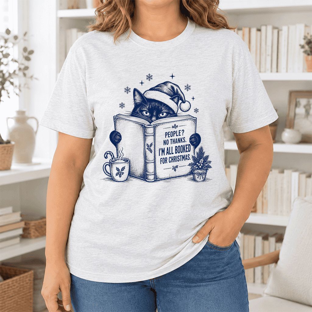 I'm All Booked For Christmas Ultra-Soft Cotton T-Shirt | Cat Lover Reader Gift Ash