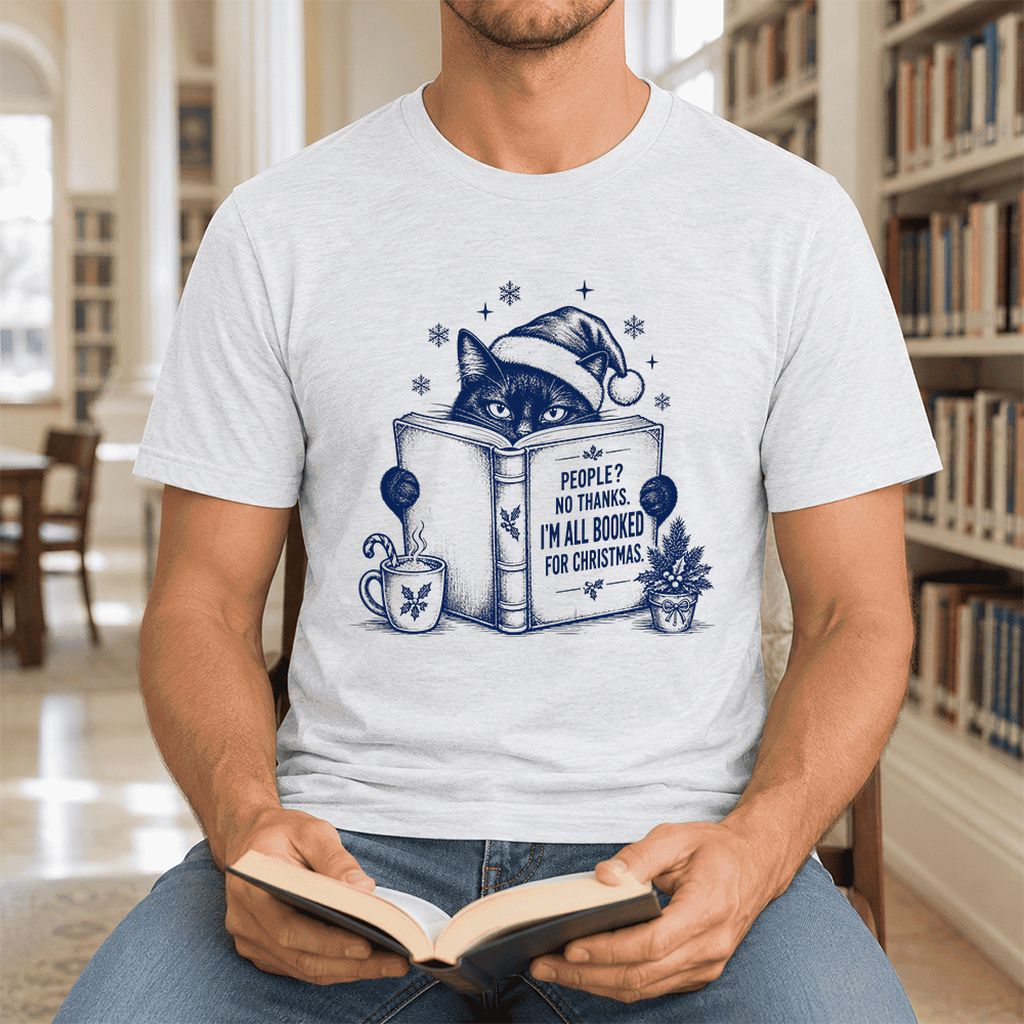 I'm All Booked For Christmas Ultra-Soft Cotton T-Shirt | Cat Lover Reader Gift Ash