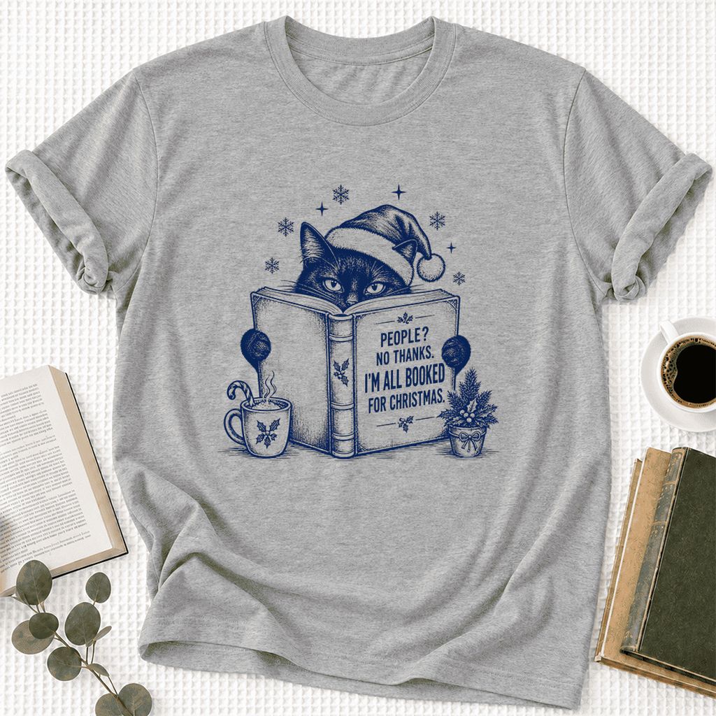 I'm All Booked For Christmas Ultra-Soft Cotton T-Shirt | Cat Lover Reader Gift Athletic Heather