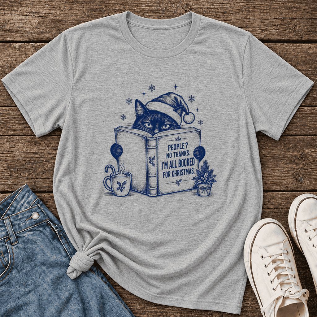 I'm All Booked For Christmas Ultra-Soft Cotton T-Shirt | Cat Lover Reader Gift Athletic Heather