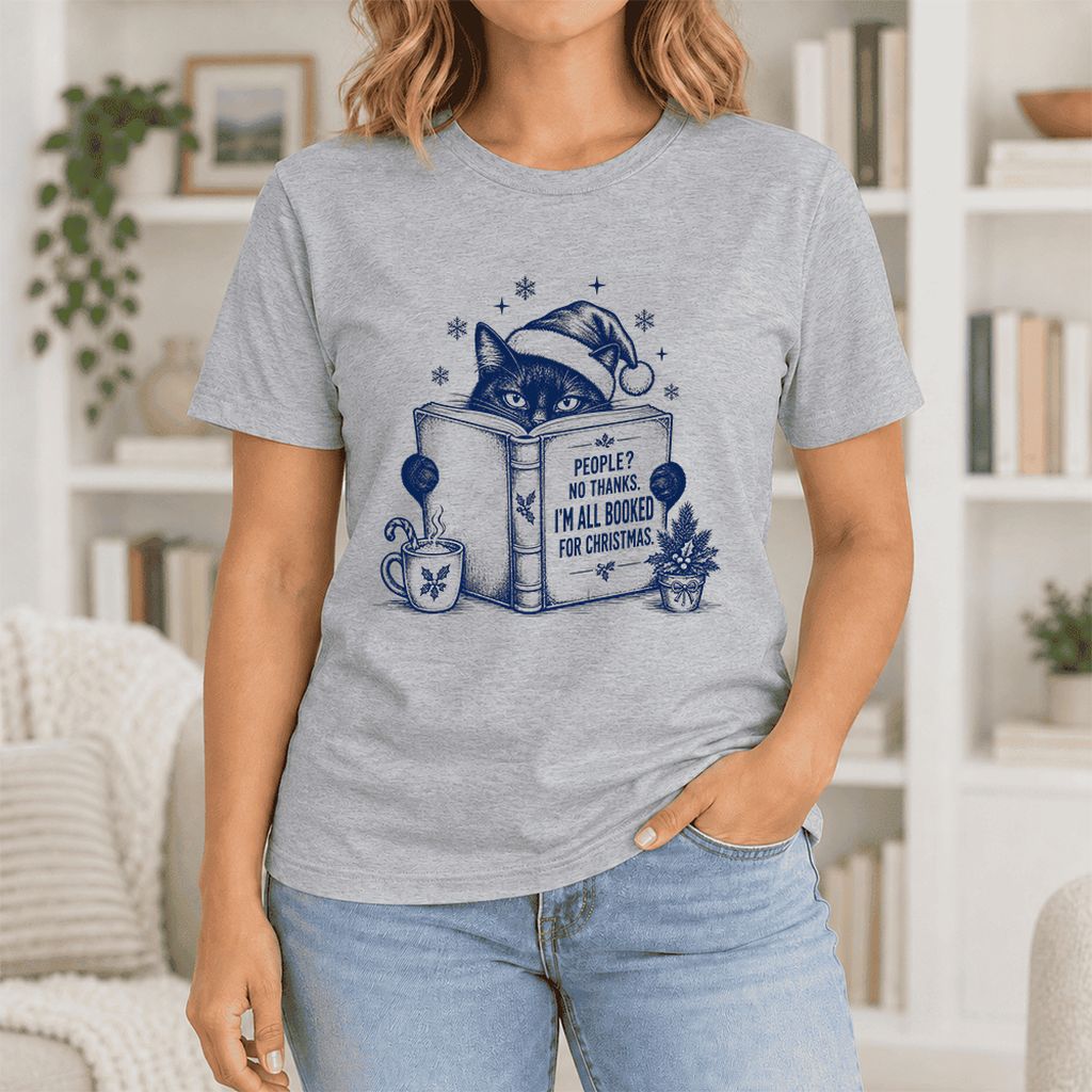 I'm All Booked For Christmas Ultra-Soft Cotton T-Shirt | Cat Lover Reader Gift Athletic Heather