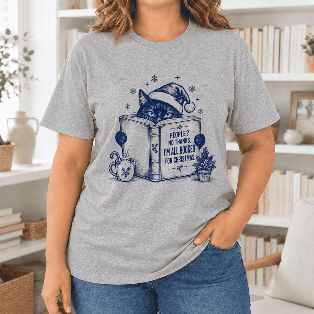 I'm All Booked For Christmas Ultra-Soft Cotton T-Shirt | Cat Lover Reader Gift Athletic Heather