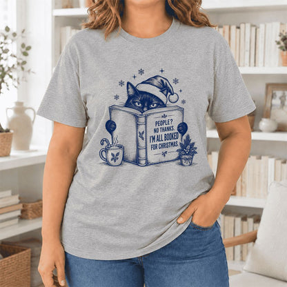 I'm All Booked For Christmas Ultra-Soft Cotton T-Shirt | Cat Lover Reader Gift Athletic Heather