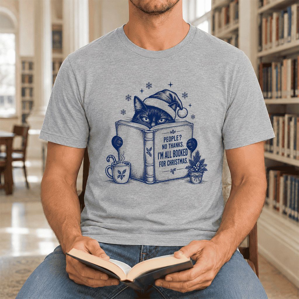 I'm All Booked For Christmas Ultra-Soft Cotton T-Shirt | Cat Lover Reader Gift Athletic Heather