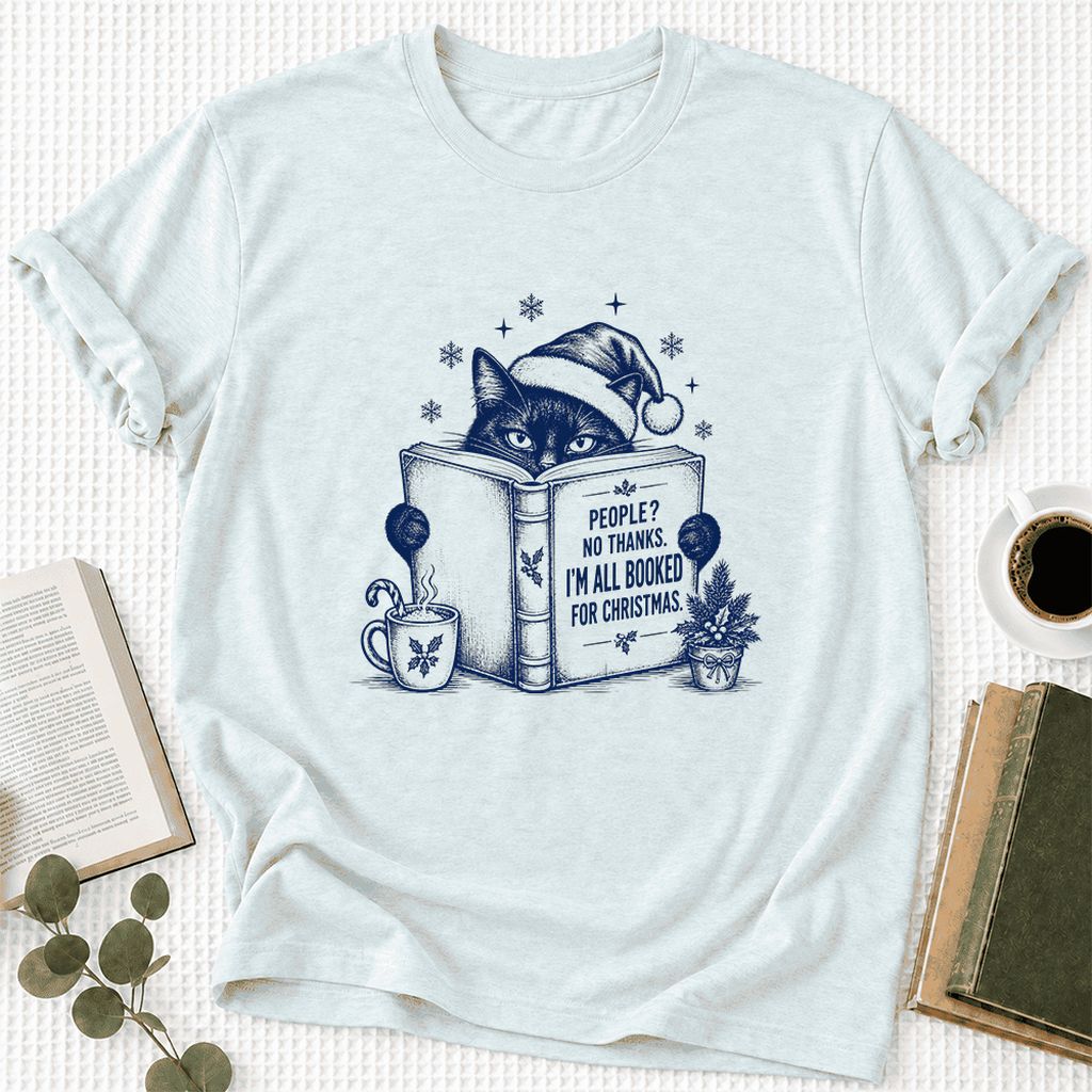 I'm All Booked For Christmas Ultra-Soft Cotton T-Shirt | Cat Lover Reader Gift Heather Ice Blue