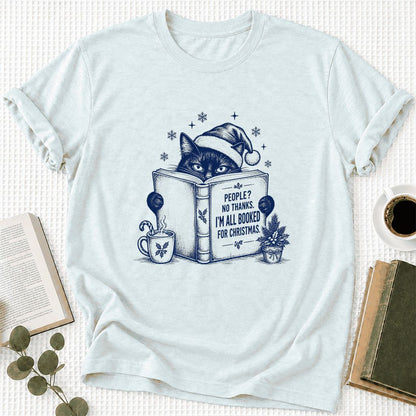 I'm All Booked For Christmas Ultra-Soft Cotton T-Shirt | Cat Lover Reader Gift Heather Ice Blue