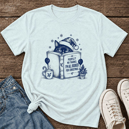 I'm All Booked For Christmas Ultra-Soft Cotton T-Shirt | Cat Lover Reader Gift Heather Ice Blue