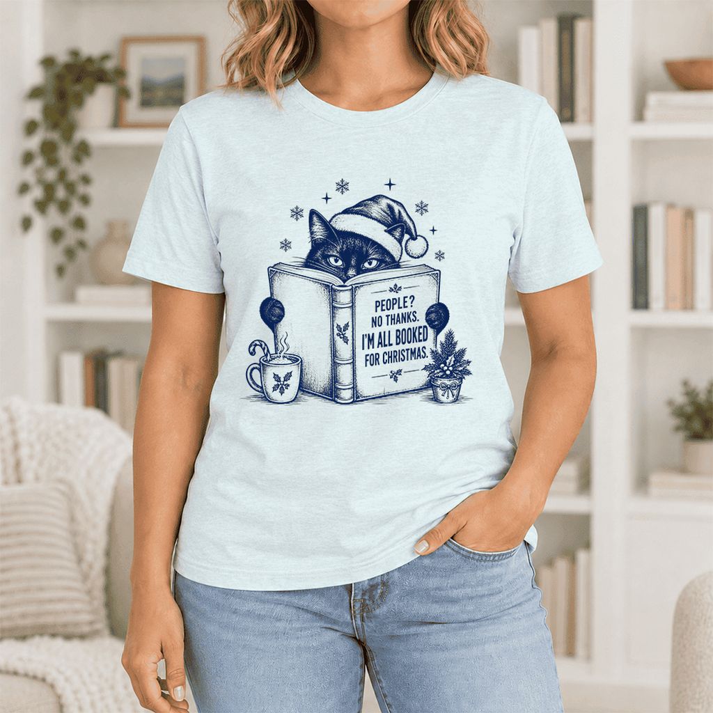 I'm All Booked For Christmas Ultra-Soft Cotton T-Shirt | Cat Lover Reader Gift Heather Ice Blue