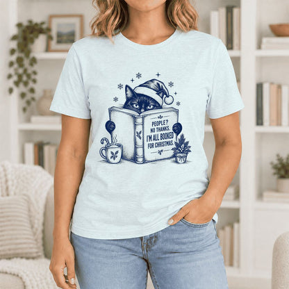 I'm All Booked For Christmas Ultra-Soft Cotton T-Shirt | Cat Lover Reader Gift Heather Ice Blue