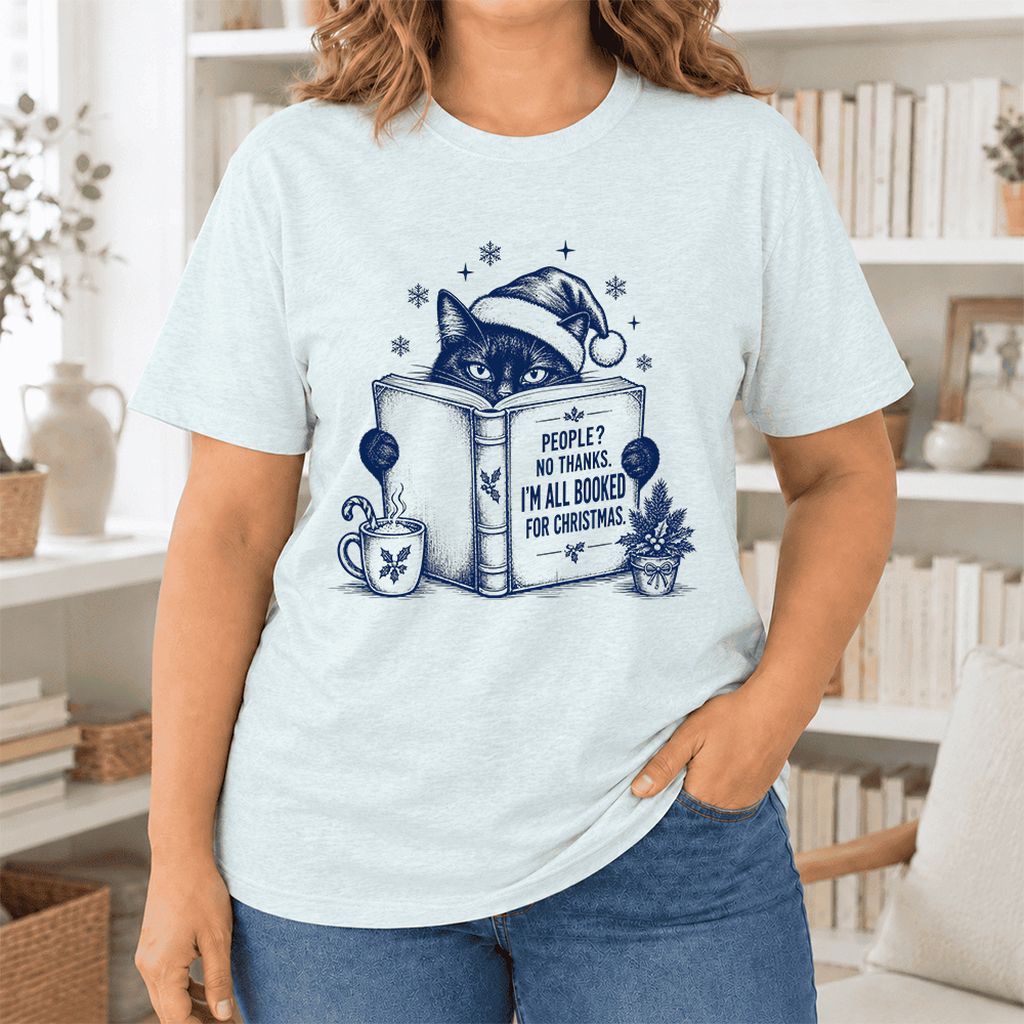 I'm All Booked For Christmas Ultra-Soft Cotton T-Shirt | Cat Lover Reader Gift Heather Ice Blue