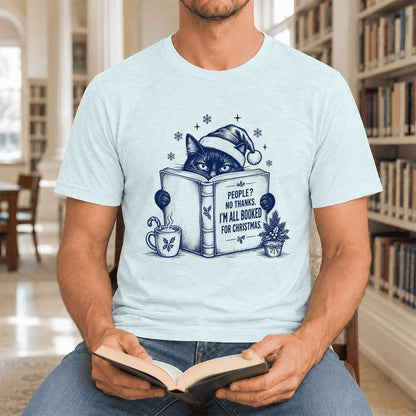 I'm All Booked For Christmas Ultra-Soft Cotton T-Shirt | Cat Lover Reader Gift Heather Ice Blue