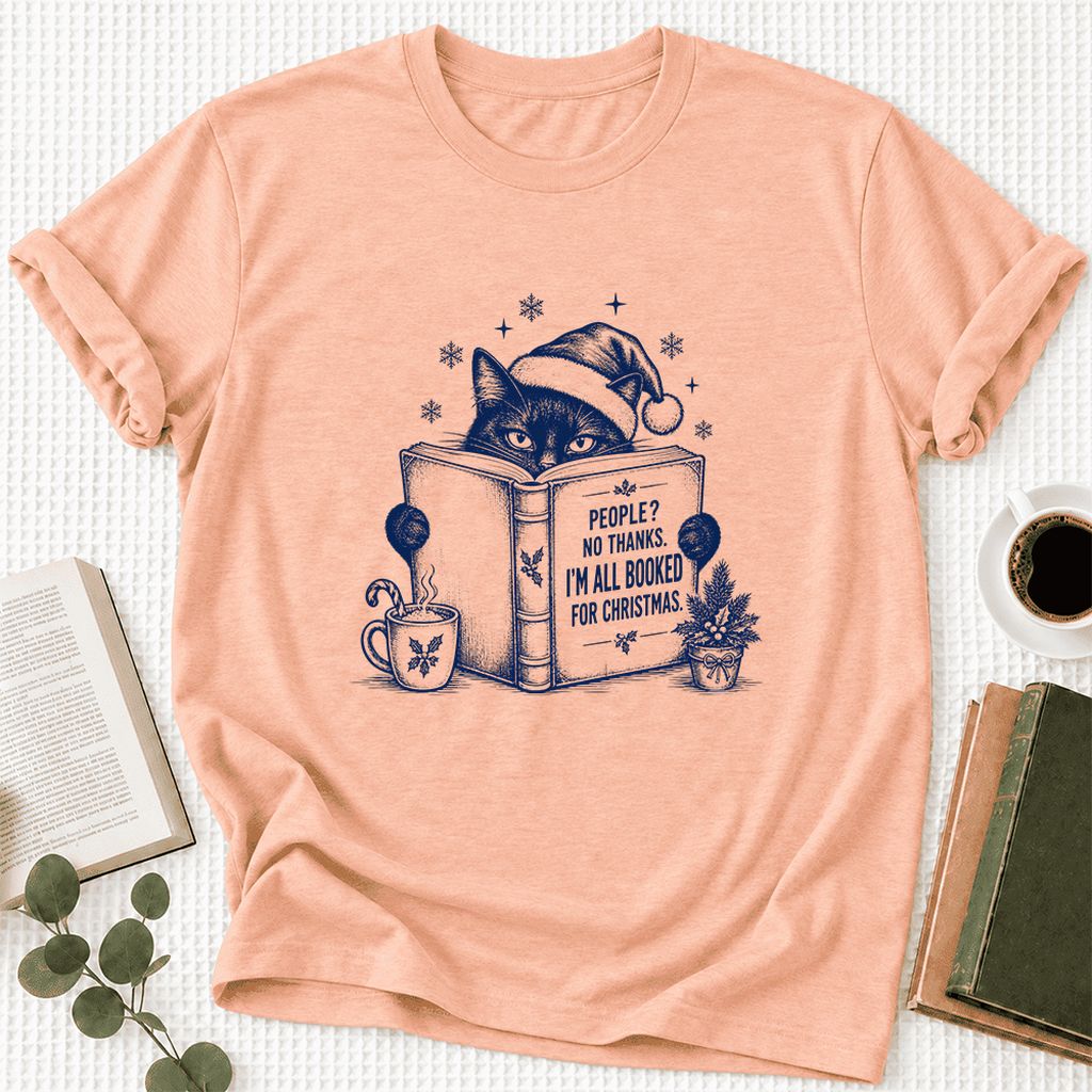 I'm All Booked For Christmas Ultra-Soft Cotton T-Shirt | Cat Lover Reader Gift Heather Peach