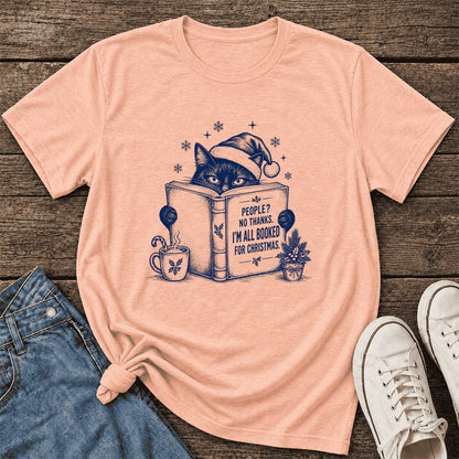I'm All Booked For Christmas Ultra-Soft Cotton T-Shirt | Cat Lover Reader Gift Heather Peach