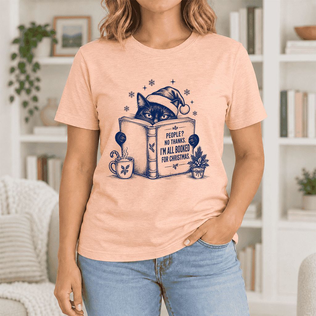 I'm All Booked For Christmas Ultra-Soft Cotton T-Shirt | Cat Lover Reader Gift Heather Peach