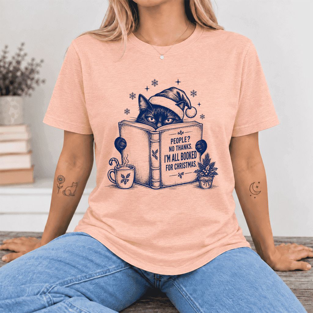 I'm All Booked For Christmas Ultra-Soft Cotton T-Shirt | Cat Lover Reader Gift Heather Peach
