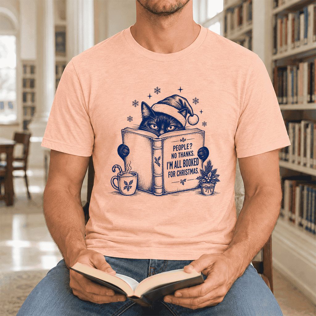I'm All Booked For Christmas Ultra-Soft Cotton T-Shirt | Cat Lover Reader Gift Heather Peach