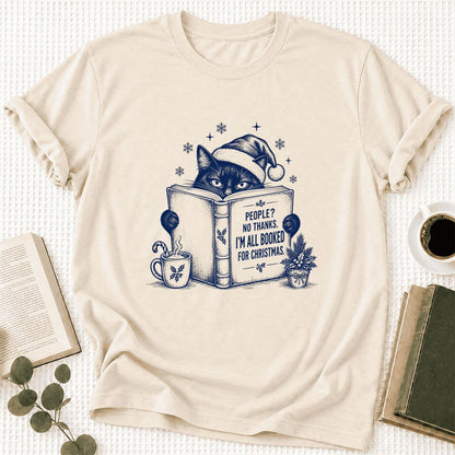 I'm All Booked For Christmas Ultra-Soft Cotton T-Shirt | Cat Lover Reader Gift Natural