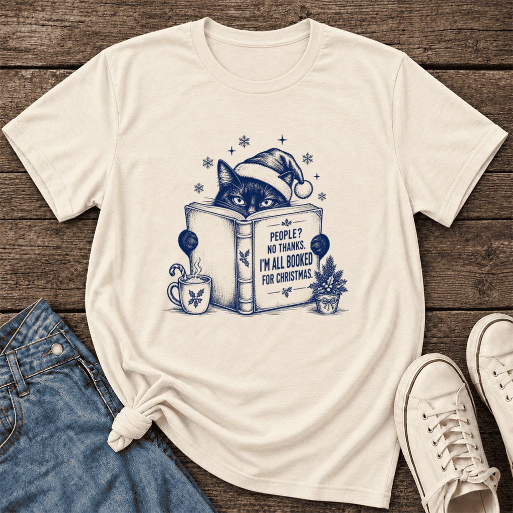 I'm All Booked For Christmas Ultra-Soft Cotton T-Shirt | Cat Lover Reader Gift Natural