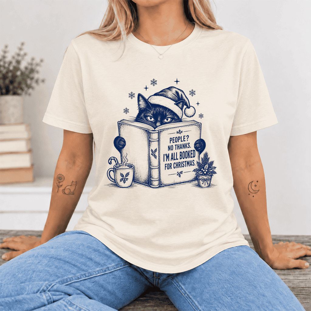 I'm All Booked For Christmas Ultra-Soft Cotton T-Shirt | Cat Lover Reader Gift Natural